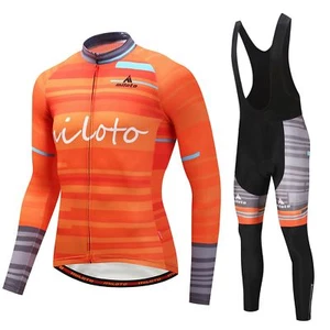 Men's Cycling Set Orange Long Sleeve Jersey & Padded Long (Bib) Pants Tights Kit - Picture 1 of 15