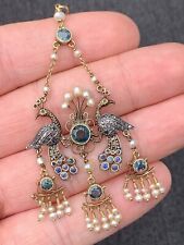 18ct Gold Art Deco Natural Sapphire, Pearl & Diamond Rare Bird Pendant, 18k 750