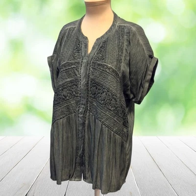 Camisa túnica CHICOS para mujer grande 2 verde bordada crochet botón delantero boho Foto 1 de 4