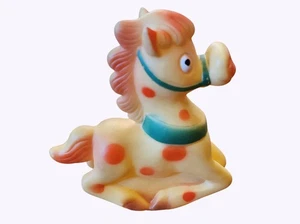 Vintage Squeaky Toy Rocking Horse Yellow With Red Polka Dots 4.5” Collectible - Picture 1 of 5