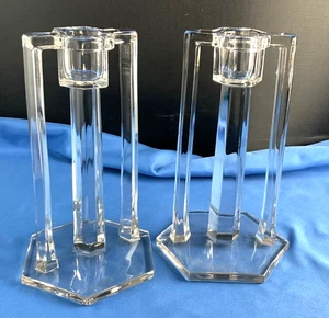 WESTMORELAND MISSION TRI-POST GLASS CLEAR CANDLE HOLDERS TAPER LOT 2 ART DECO - Picture 1 of 14