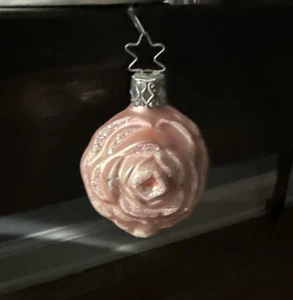 Inge Glas Pink Rose Blown Glass Christmas Ornament Germany Silver Glitter 3687 - Picture 1 of 3