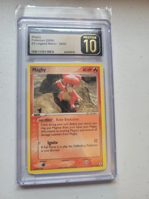 CGC 10 Pristine Magby – 2006 Pokémon EX Legend Maker 58/92 – Baby Pokémon Slab - Image 1 of 2