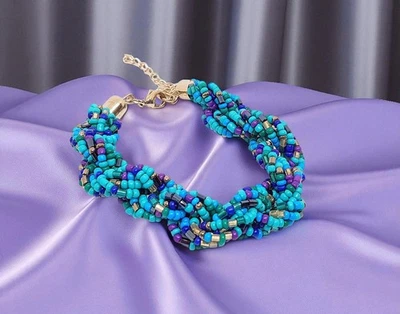 Blue Seed Bead African Multistrand Bracelet Tribal Ethnic  - Afro Chic - Image 1 of 3