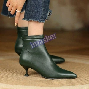Women's Zip Faux Leather Ankle Boots Kitten Heel Pointed Toe Party Casual Shoes - Picture 1 of 15