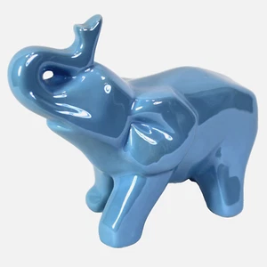 Elephant Figurine Blue Ceramic Tall Trunk Up Glossy 5.5” Tall x 7" Long - Picture 1 of 7