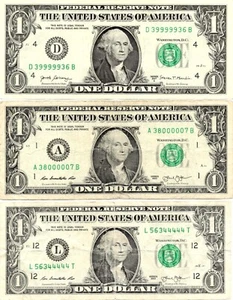 Five in a Row  0s 4s 9s Fancy Serial Number One Dollar Bill - Lot of 3 Notes - Picture 1 of 2