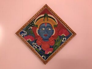 Krishna Mural Work Mahogany Wood Hand Carved Etched Painting Wall Hanging Panel