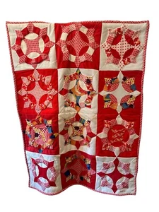 Vintage 1970"s Handmade 32" X 43" Red & White Patchwork Wall Hanging Quilt - Picture 1 of 12