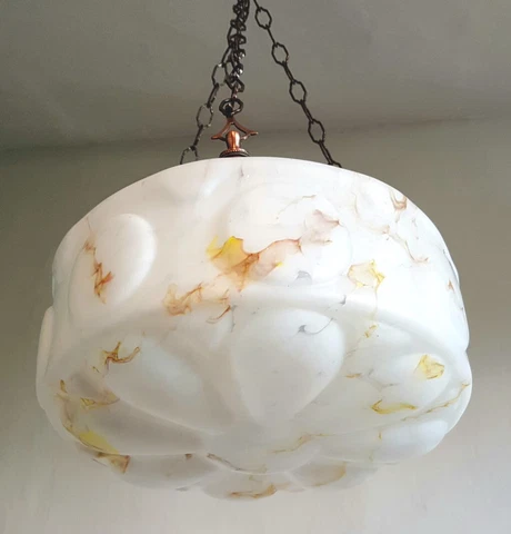 Art Deco Moulded Amber/White Glass Flycatcher Bowl Light Shade Hooks & Chains Cover