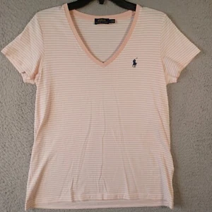 Polo Ralph Lauren Womens Striped Pinkish Tan Top Size Medium V-Neck Logo - Picture 1 of 15