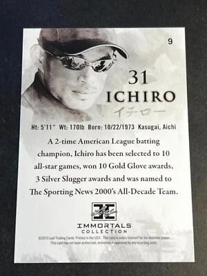 2013 Leaf Ichiro Immortals BLANK FRONT MISSING Serial # Base Card 31 #9 - Image 1 of 2