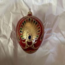 Vintage Poland Blown Glass Egg Christmas Ornament Gold RED 4.5"