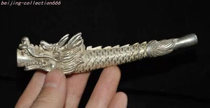 4" China Tibetisches Silber Drachenkopf Fisch Räucheretui Werkzeuge Tabakpfeife Statue - Bild 1 von 6