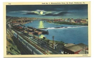 VISTA NOCTURNA, CERRADURA DEL RÍO MONONGAHELA #1, TRENES, PISTAS, MOLINOS DE ACERO ~ PITTSBURGH, PA - Imagen 1 de 1