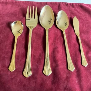 Set 5 ESTIA DORIAN GOLD PLATED STAINLESS Serving Meat fork spoons sugar butter - Picture 1 of 12