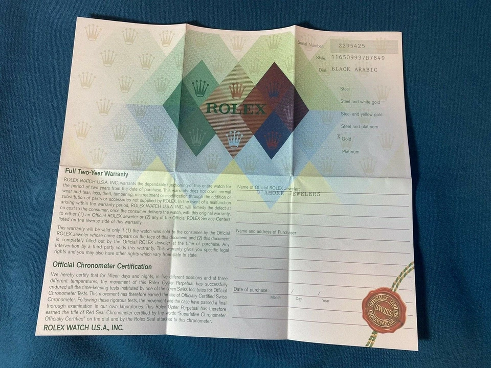 Rolex Certificato Garanzia Per Z Seriale Daytona 116509 - Immagine 1 di 4