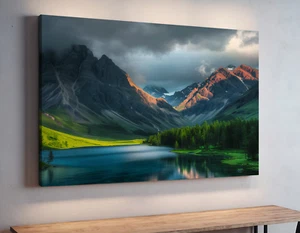 Forest Lake in the Mountains Landscape Stretched Canvas Wall Art - Ready To Hang - Picture 1 of 10