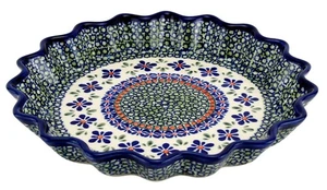 Polish Pottery 10" diameter Quiche Scalloped Pie Dish Mosaic Flower Design - Picture 1 of 4