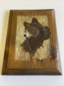 Bear Painting Animal Original Art Plaque on Wood Artwork Wildlife Man Cave Cabin - Picture 1 of 8