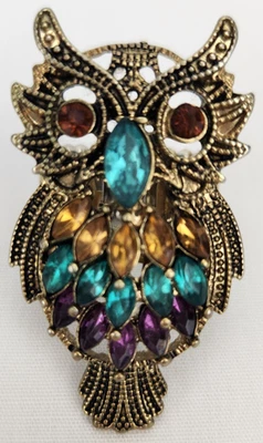Owl Ring Stretchy Band Gold Tone Jeweled  Plastic Beads Blue Yellow Purple Cute - Image 1 of 4