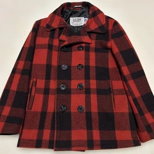 Schott Pea Coat 740N Wool Jacket Red × Black Buffalo Check Size 38 Outerwear - Picture 1 of 9
