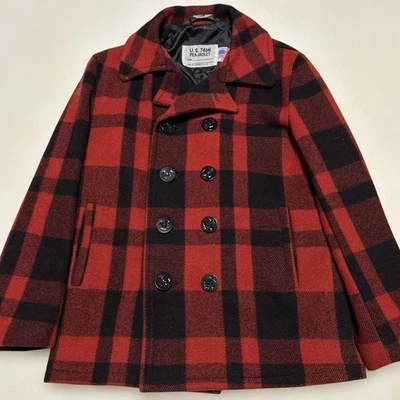 Schott Pea Coat 740N Wool Jacket Red × Black Buffalo Check Size 38 Outerwear - Image 1 of 4
