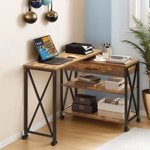 360° Corner Computer Laptop Table L Shaped Rotatable Desk Workstation Side Table - Picture 1 of 15
