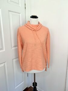 New JONES NY Mock Neck Hoodie S NEON Orange Terry Knit Pullover Beach Sweatshirt