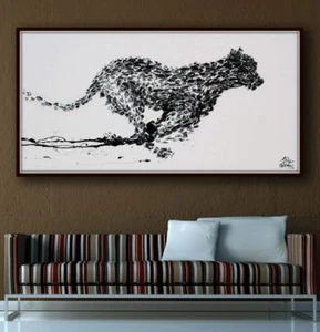 Black & White Cheetah Painting 55", animal oil painting on canvas, handmade item - Picture 1 of 5
