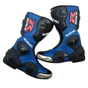 SUZUKI GSXR Motorbike Mens Leather Boots Motorcycle Racing Leather Riding Boots - Picture 1 of 3