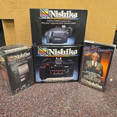 Cámara fotográfica Nishika N8000 3D 35 mm con doble flash de luz 3010 estuche correa VHS NOS Foto 1 de 4