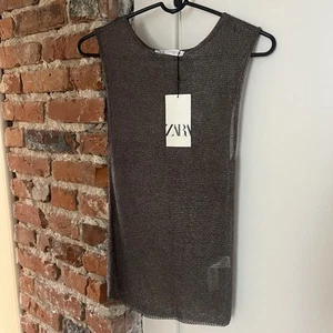 ZARA NWT Metallic Silver Mesh Tank Top Relaxed Fit Muscle T-Shirt Style Size S - Picture 1 of 8