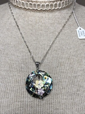 Collar colgante estilo flor natural hecho a mano concha de abulón tallada concha plata Foto 1 de 4