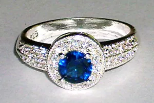 Neuer schicker runder Saphir blau mit weißem Topas 925 Sterlingsilber plattiert Ring - 9 * - Bild 1 von 2