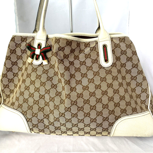 Autêntica bolsa de ombro GUCCI 114915 bege lona couro marrom