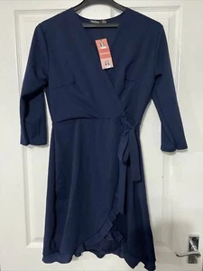 boohoo tie wrap skater dress navy size 18 - Picture 1 of 7