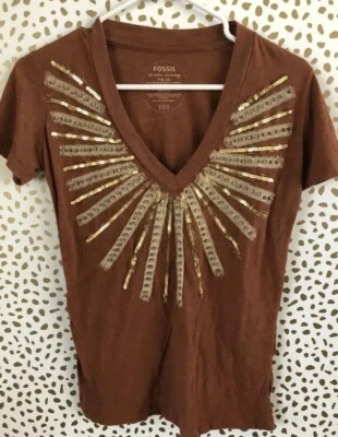 🔥🔥Fossil womens beaded v neck blouse rusty brown size small Az-1224🔥🔥 Foto 1 de 4