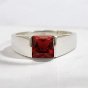 Garnet Square Cut Gemstone with 925 Sterling Silver Ring For Men's #C191 - Picture 1 of 6