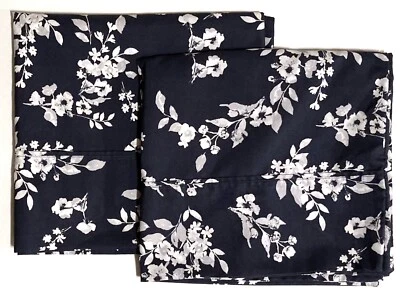 Dark Blue White Gray Floral Pillow Cases Set of 2 KING Charisma Microfiber - Image 1 of 4