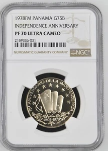 1978 PANAMA GOLD 75 BALBOAS INDEPENDENCE ANNIVERSARY NGC PF 70 ULTRA CAMEO - Picture 1 of 2