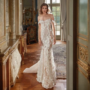 Elegant Boat Neck Spaghetti Straps Lace Mermaid Wedding Dress Sexy Illusion - Picture 1 of 9