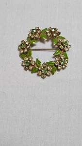 Vintage Brosche grün Emaille und Stein goldfarben - Bild 1 von 5