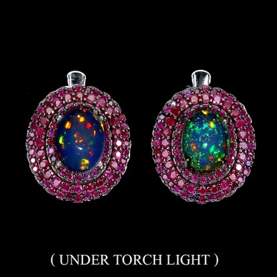 925 Sterling Silver Earrings Oval Fire Opal 8x6mm Ruby Myanmar Gemstone Jewelry - Image 1 of 4