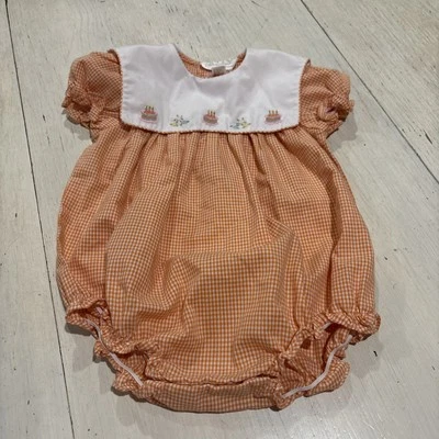 Rosalina Romper Baby Girl 6 Months Check Party Embroidered Cake orange white - Image 1 of 4