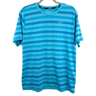 Nike Dri-FIT Running T-Shirt Men's Large Blue Striped Athletic Top Zipper Pocket - Image 1 of 4