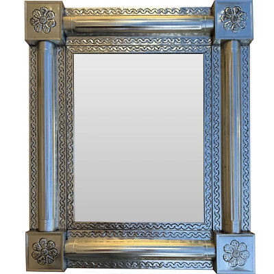 26"x30" Mexican Handmade Mission Silver Vertical Post Tin Mirror - Image 1 of 2