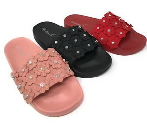 Women's Fluffy Furry Faux Fur/Pearl/ Denim Love Sandals  Pool Slide Slidders - Picture 1 of 16