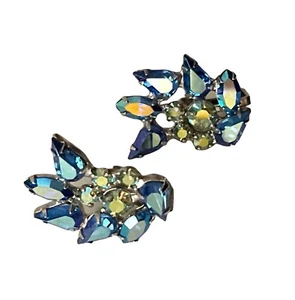 Vintage signierte B David Ohrclips - blaue Träne AB Strass - silberfarben - Bild 1 von 9