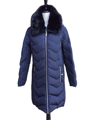 Cappotto tampone blu navy Michael Kors finiture in pelliccia sintetica donna taglia large